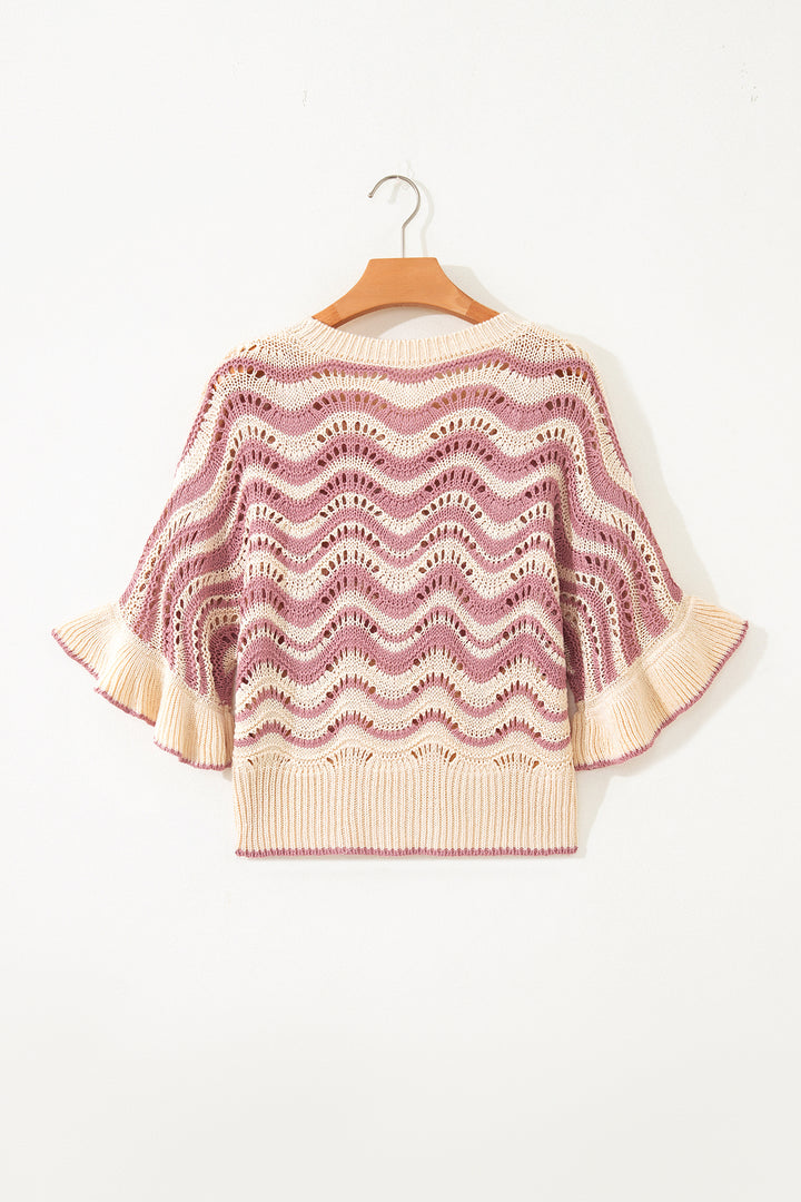 Beige Stripe Wavy Crochet Eyelet Detail Ruffle Half Sleeve Sweater