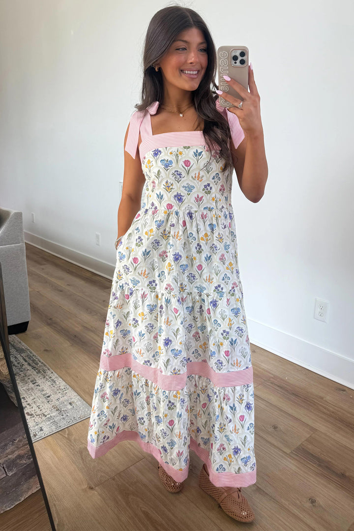 Chic Multicolour Floral Print Striped Detail Knot Straps Maxi Dress