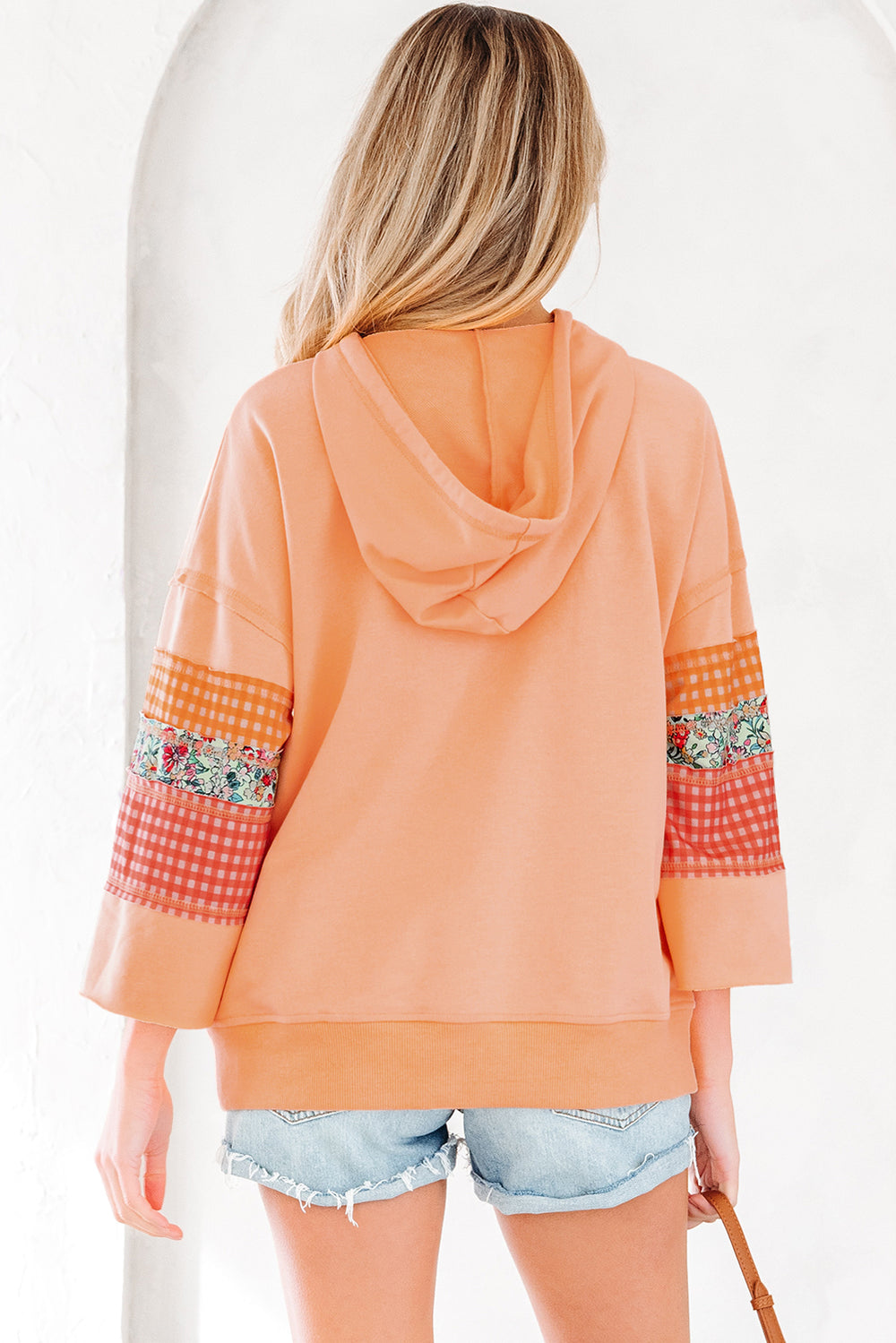Plaid Floral Patchwork Kangaroo Pocket Hooded Long Sleeve Top