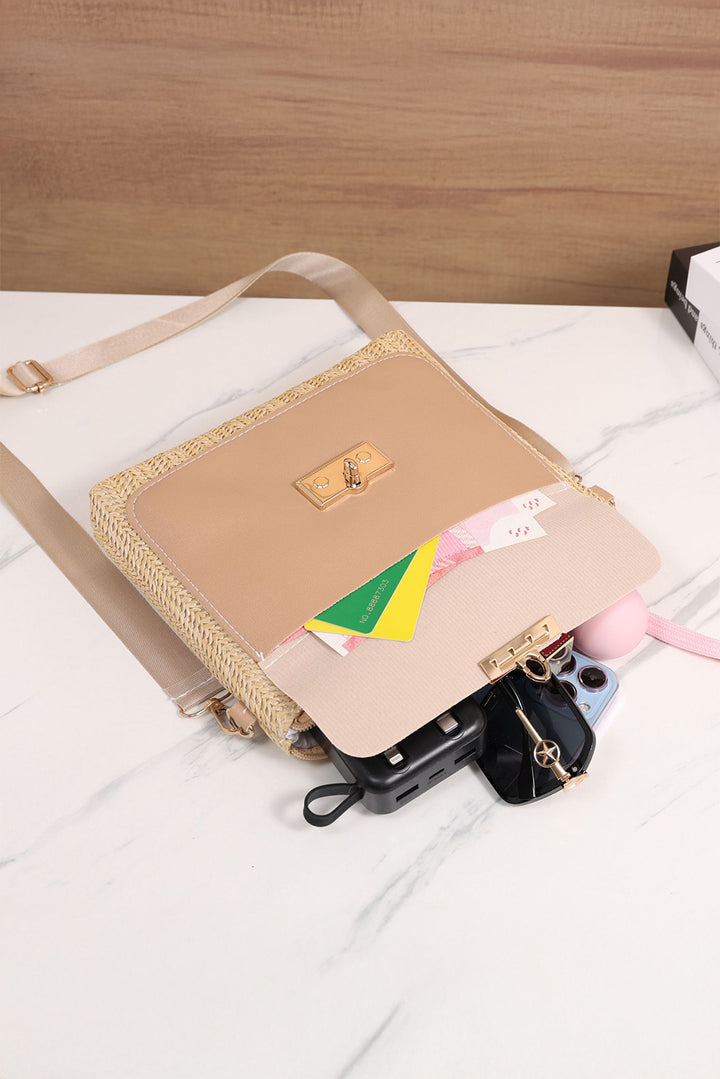 Leather Pocket Patchwork Straw Woven Shoulder Bag