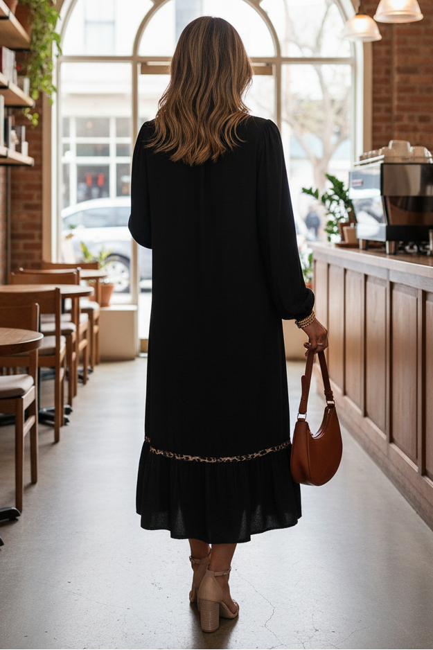 Black Contrast Leopard Trim Bracelet Sleeve Long Dress