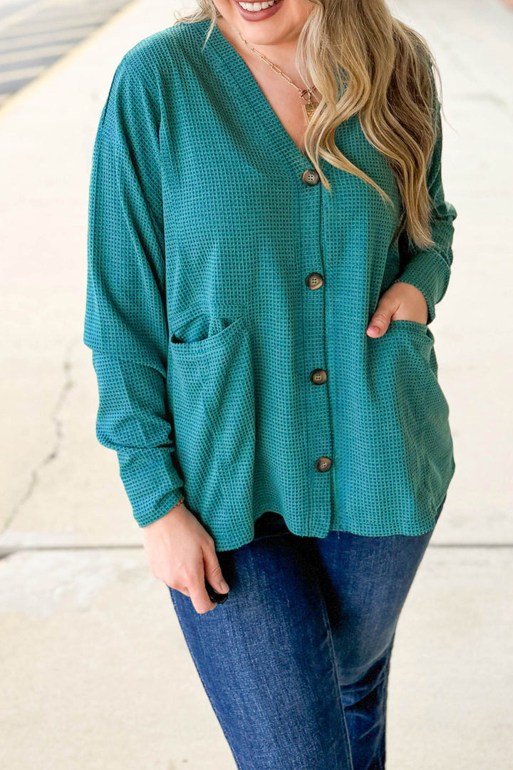 Lapis Waffle Textured Button Front Tunic Plus Size Cardigan