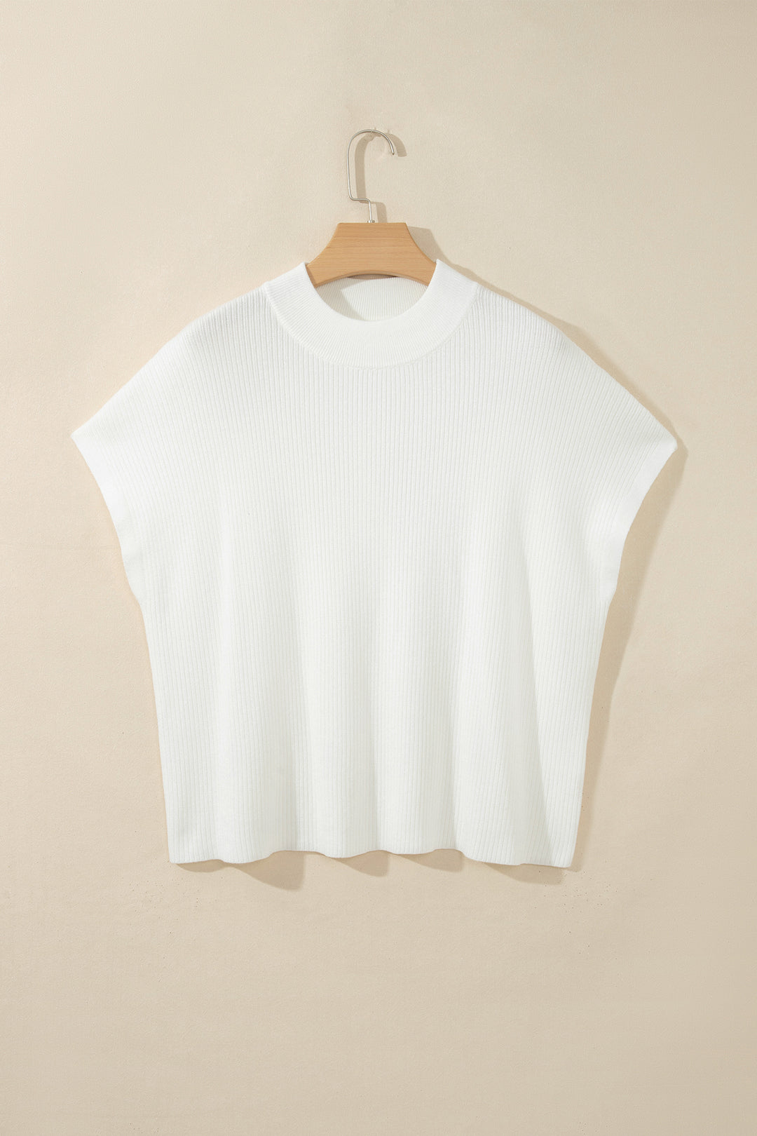 White Solid Color Ribbed Knit Mock Neck Loose Short Sleeve Sweater