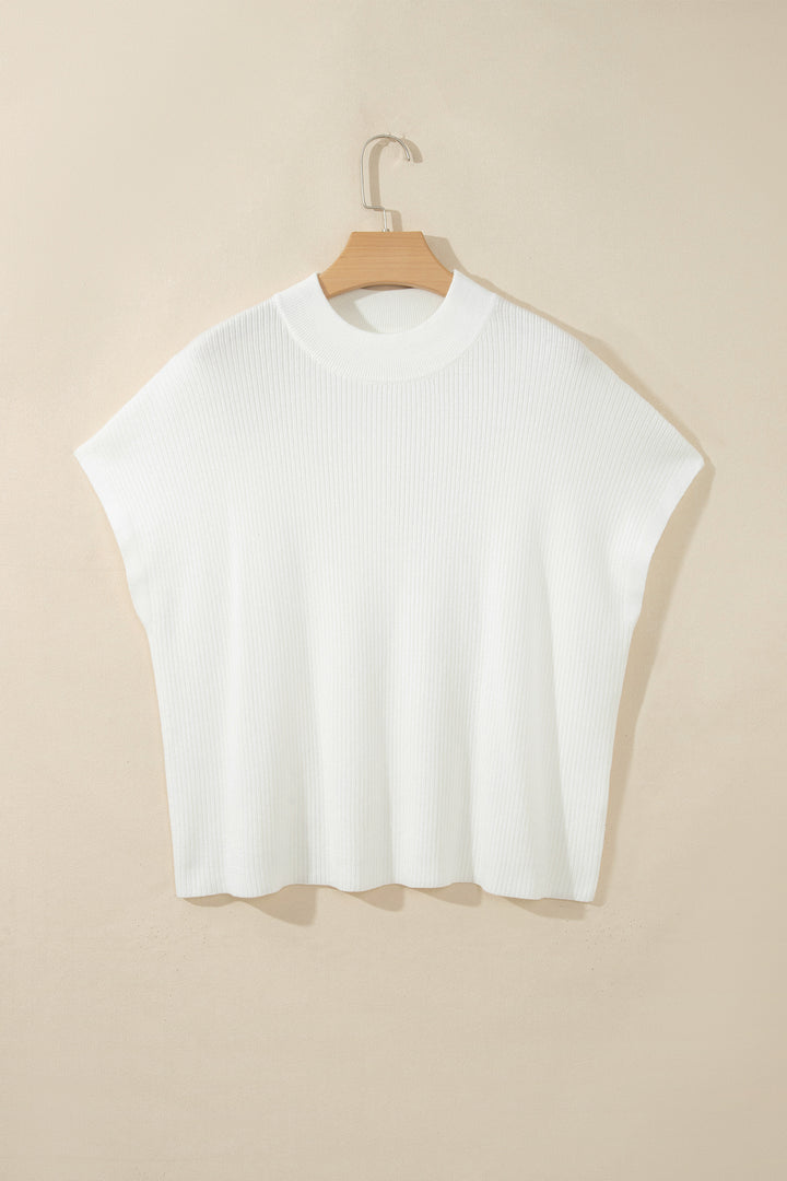 White Solid Color Ribbed Knit Mock Neck Loose Short Sleeve Sweater