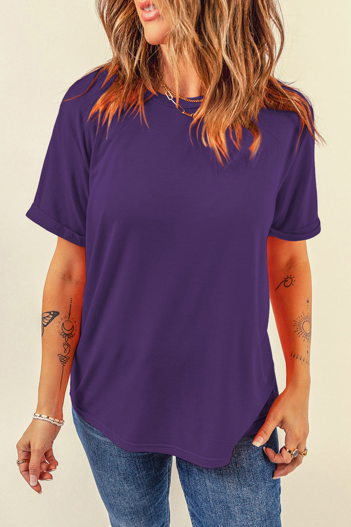 Purple Casual Plain Crew Neck Tee