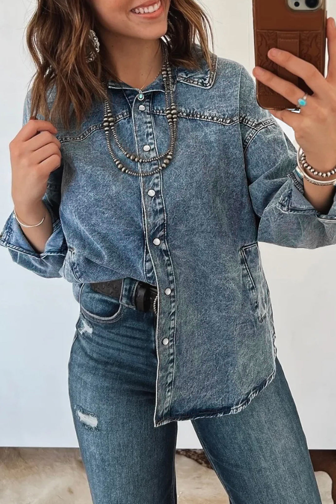 Dusk Blue Western Shirt Collar Tunic Denim Jacket