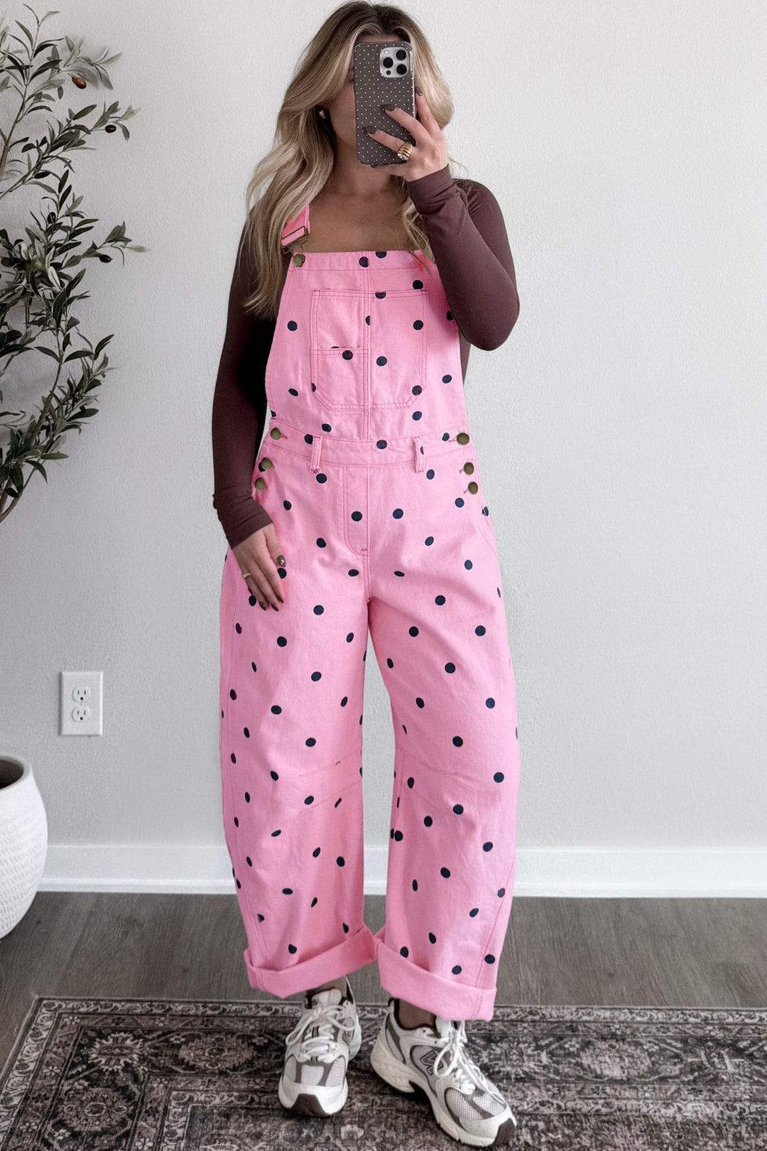 Phalaenopsis Polka Dot Print Bib Pocket Denim Barrel Overalls Jumpsuit