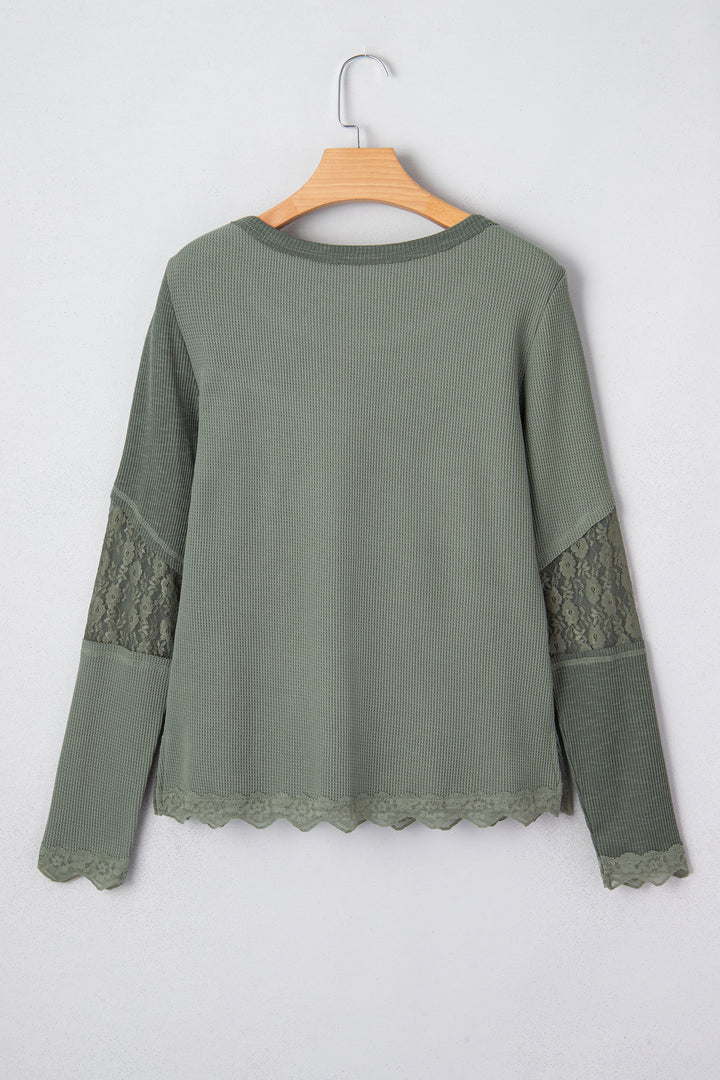 Solid Color Waffle Ribbed Lace Patchwork Long Sleeve Top