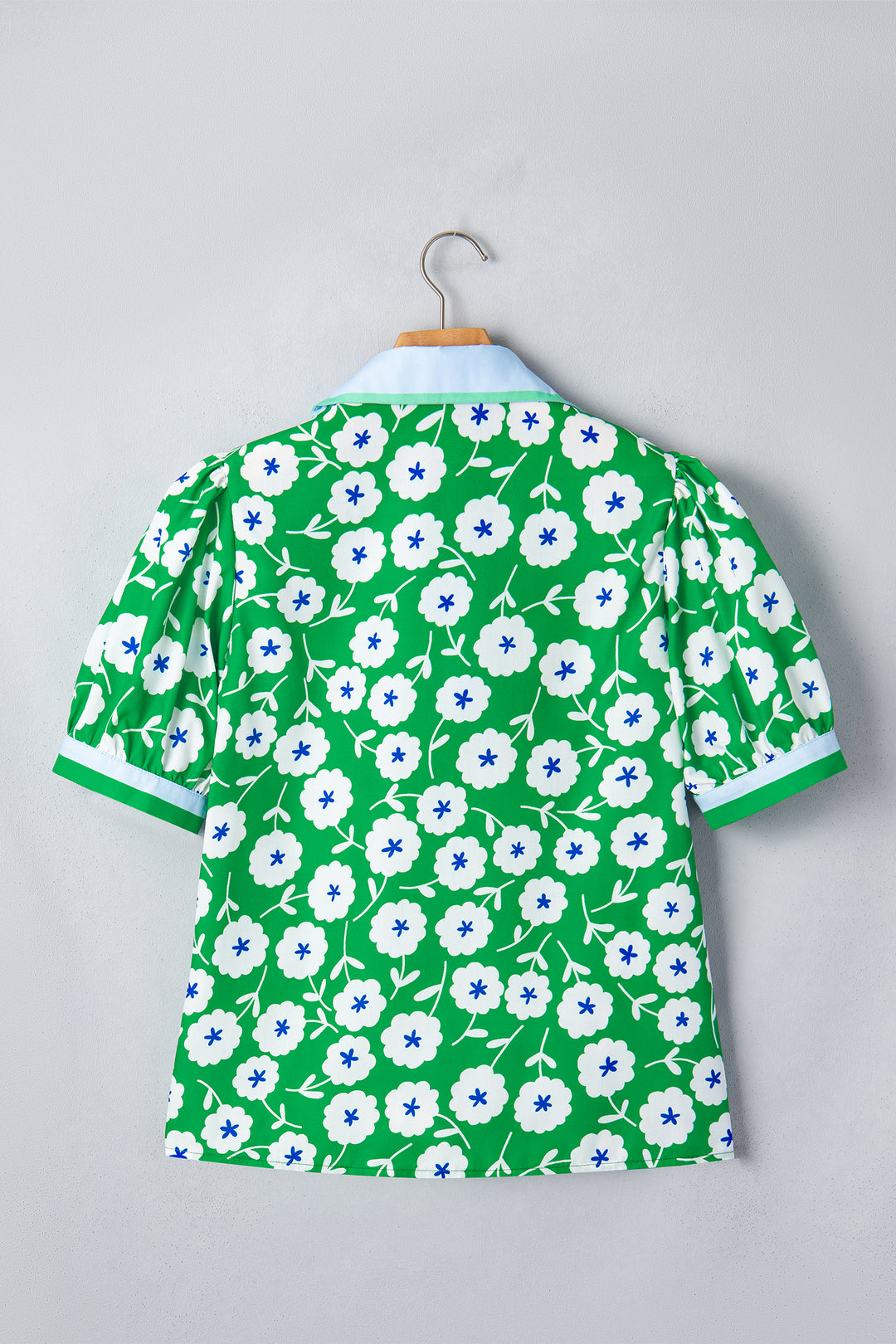 Green Flower Printed Contrast Patchwork Collar Short Sleeve Blouse