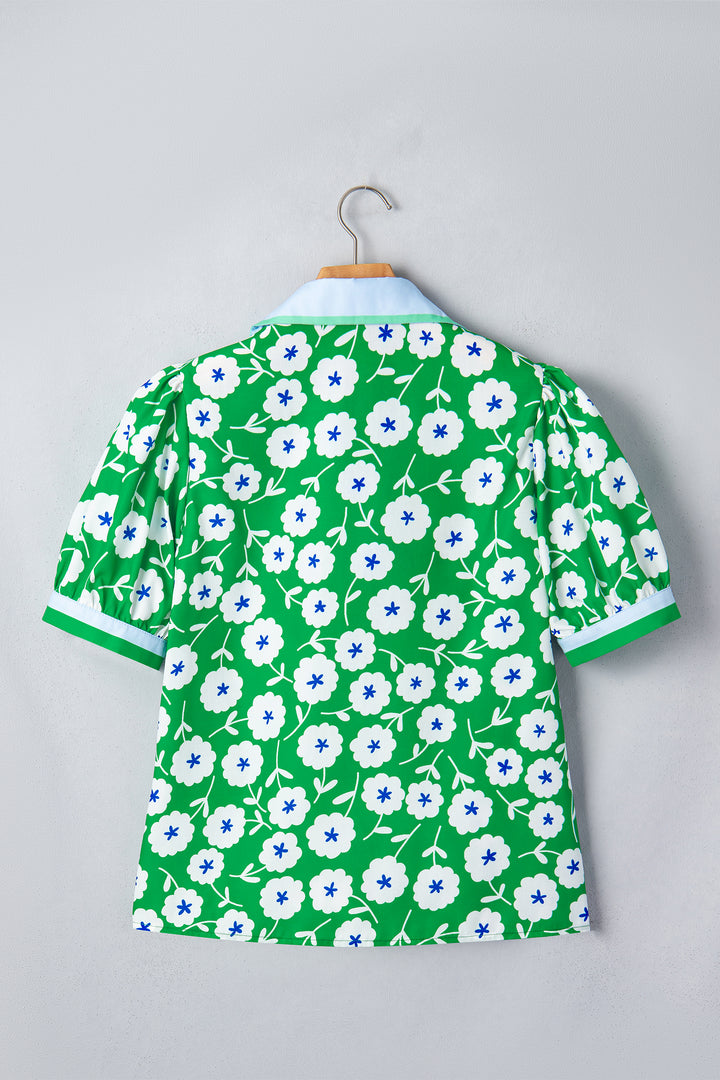 Green Flower Printed Contrast Patchwork Collar Short Sleeve Blouse