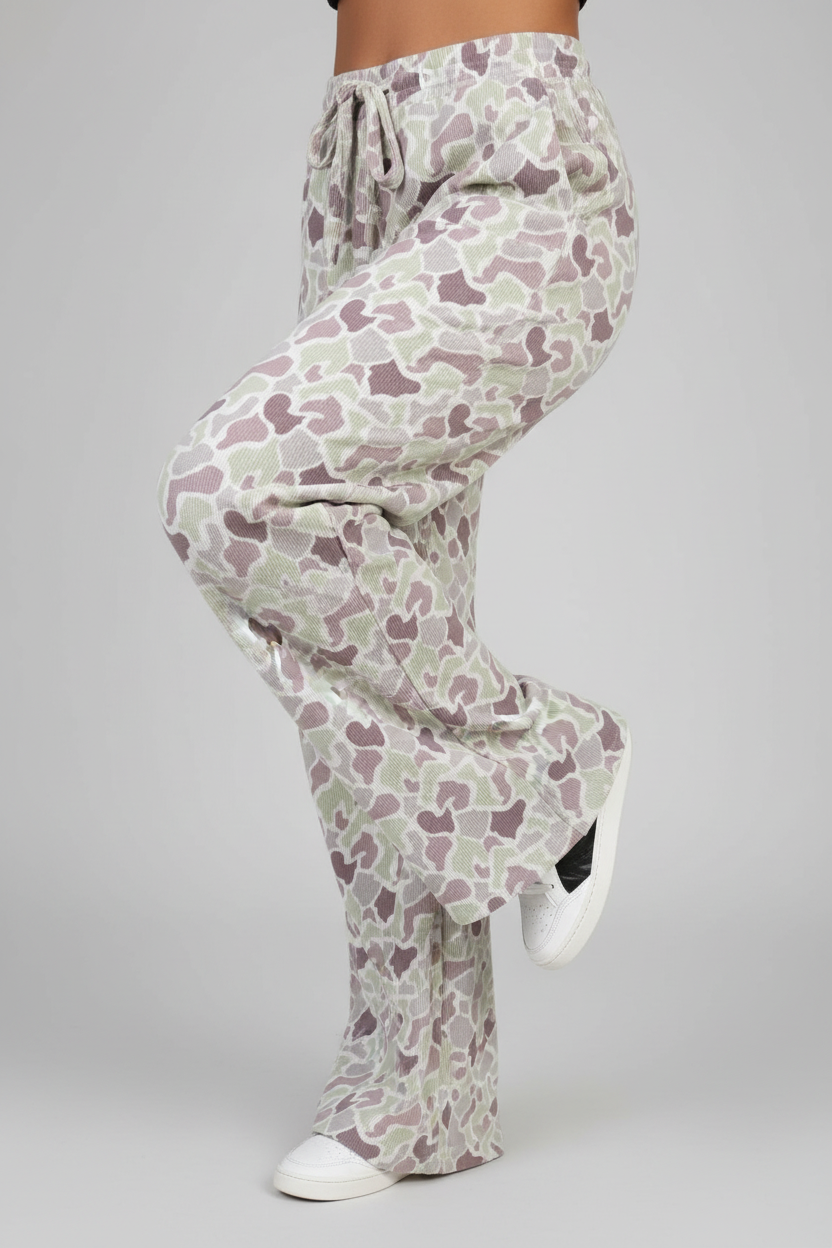 Green Camo Print Drawstring Waist Loose Fit Full Length Pants