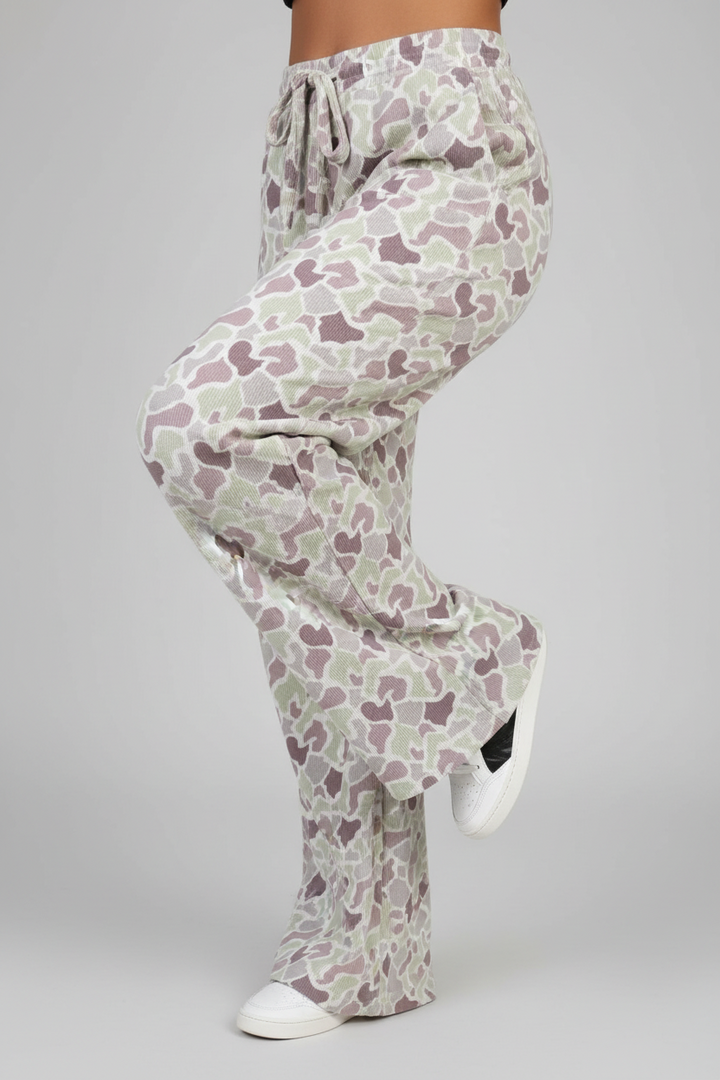 Green Camo Print Drawstring Waist Loose Fit Full Length Pants