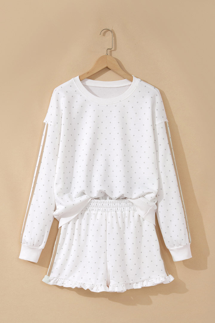 White Polka Dot Print Side Stripe Casual Sweatshirt 2pcs Short Set