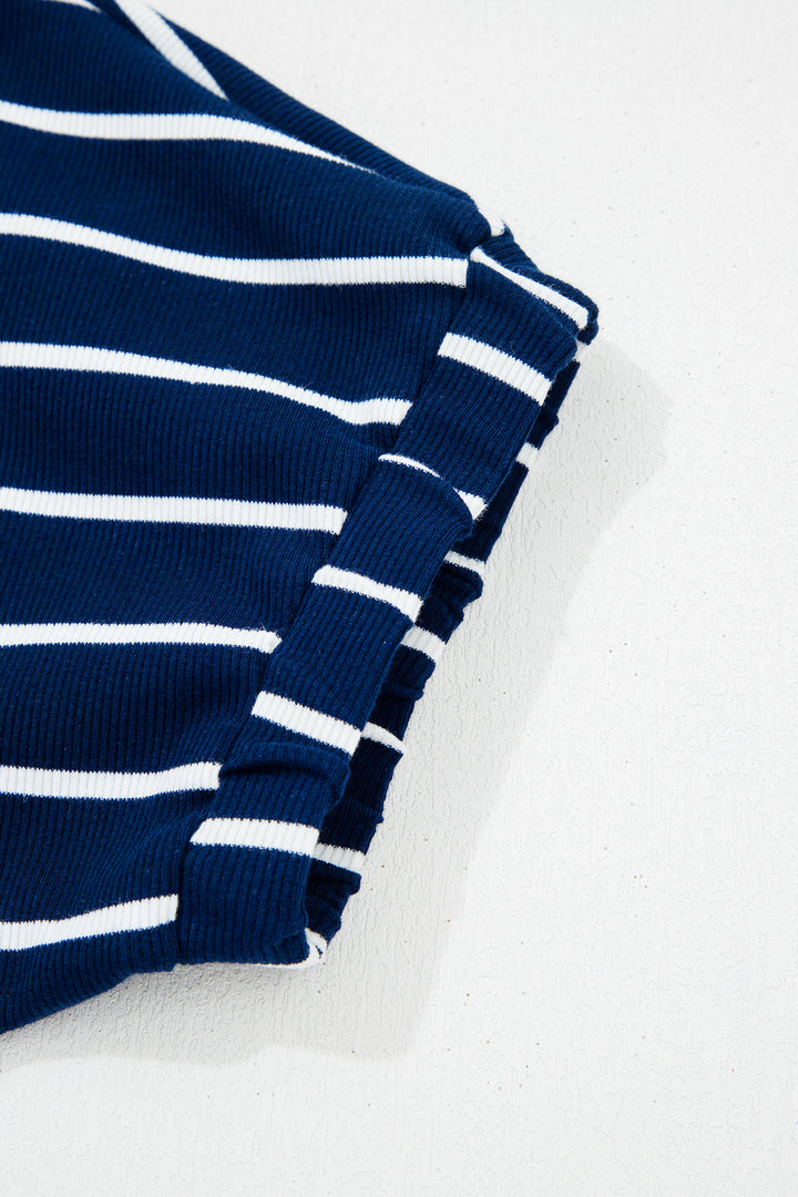 Blue Stripe Stand Collar V Neck Elastic Cuffs Half Sleeve Dolman Top