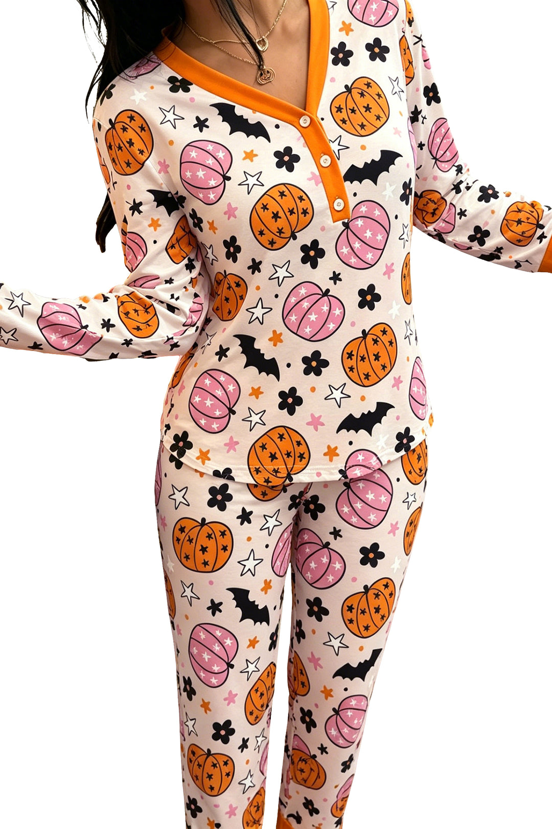 Pink Halloween Pumpkin Print Long Sleeve Home Wear Lounge Set
