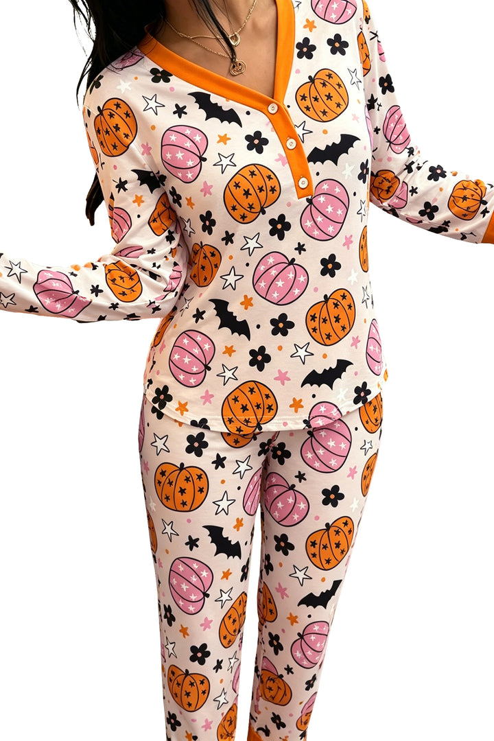 Pink Halloween Pumpkin Print Long Sleeve Home Wear Lounge Set