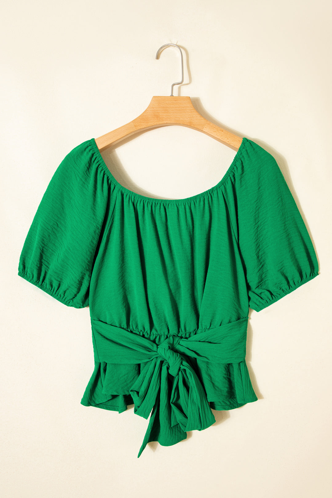 Solid Color Ruched Crossed Waist Tied Back Short Sleeve Peplum Top