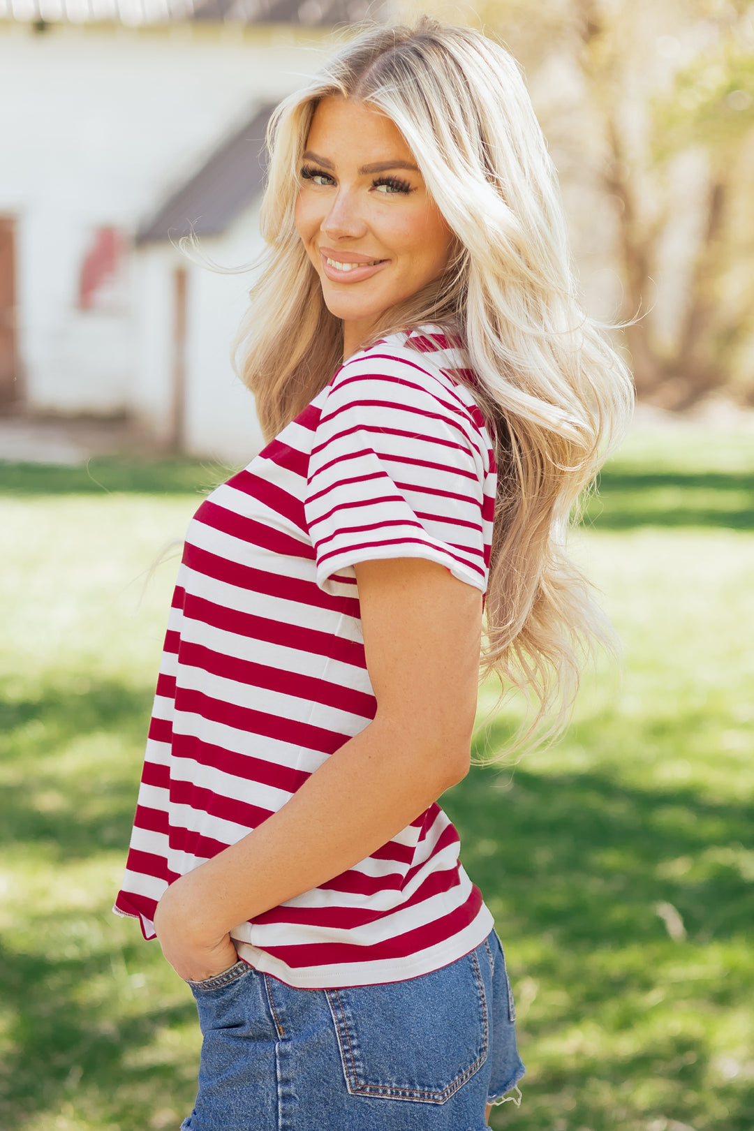 Red Stripe Patchwork Round Neck Short Sleeve T Shirt