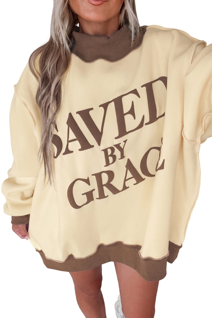 Coffee Saved By Grace Print Color Block Mock Neck Oversized Sweatshirt