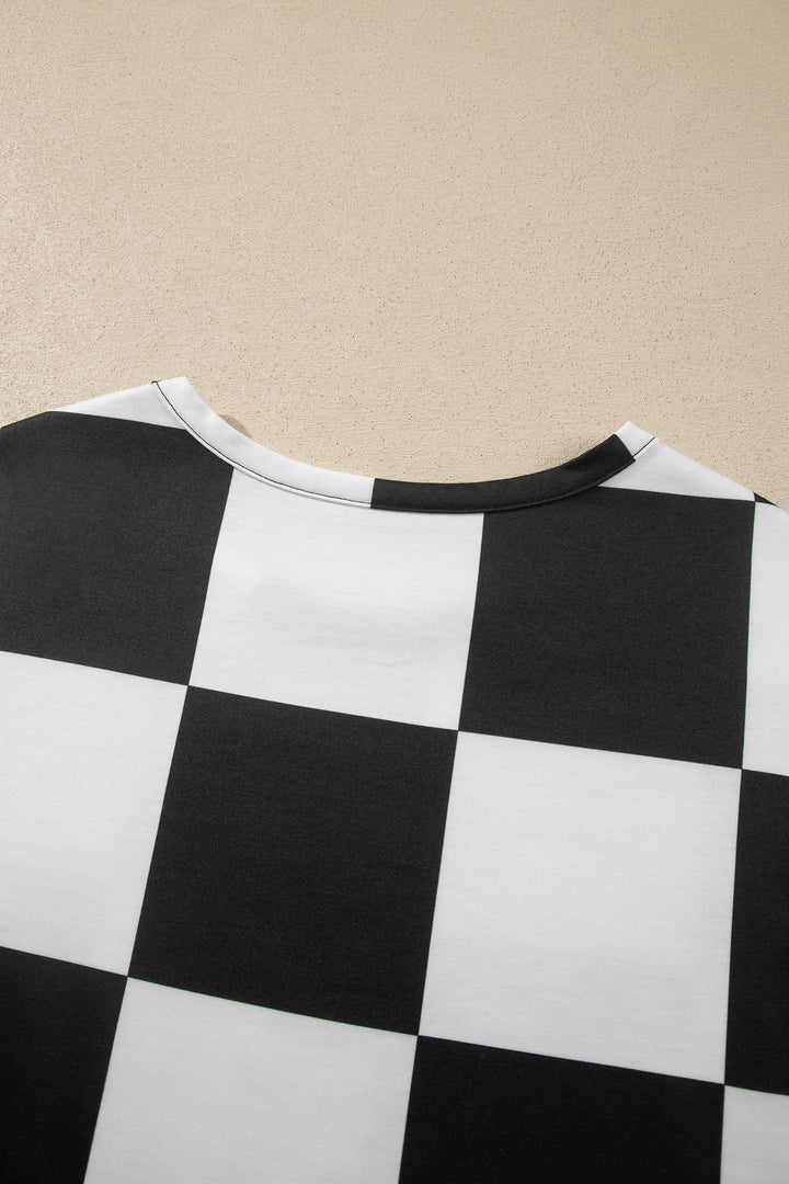 Black Checkerboard Plaid Long Sleeve Solid Color Shorts 2pcs Set
