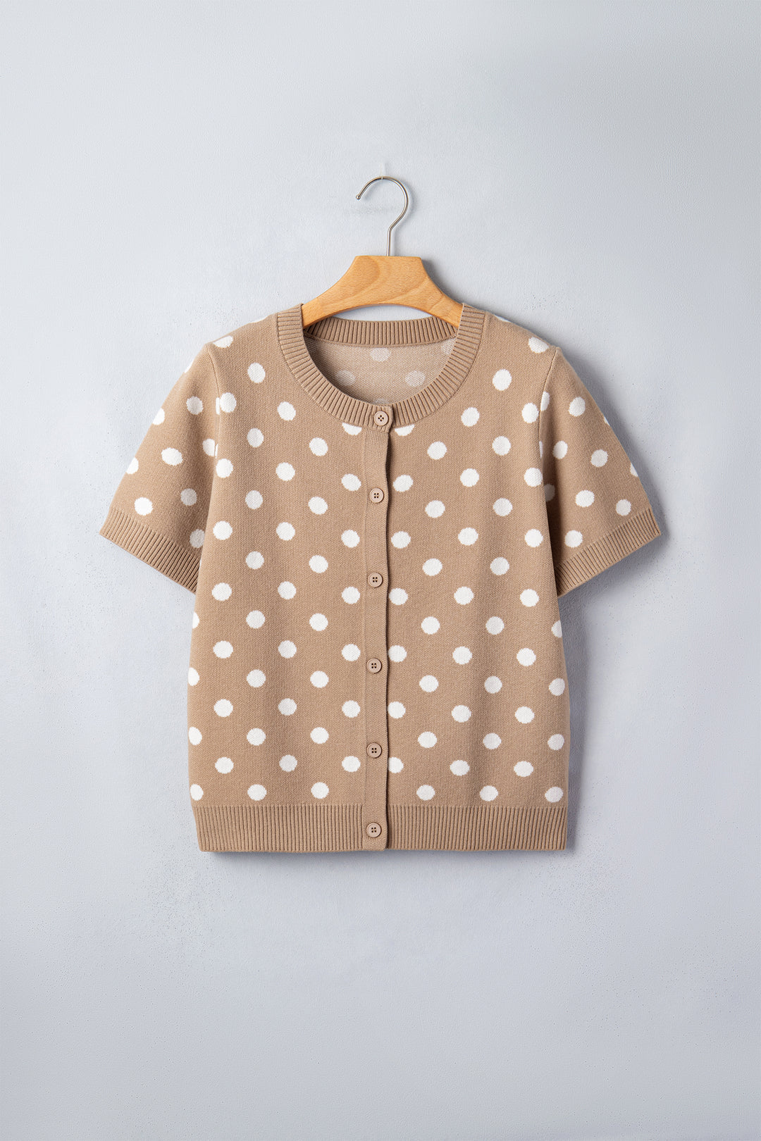 Dark Khaki Polka Dot Short Sleeve Button Down Sweater Cardigan