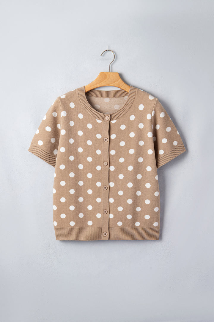 Dark Khaki Polka Dot Short Sleeve Button Down Sweater Cardigan