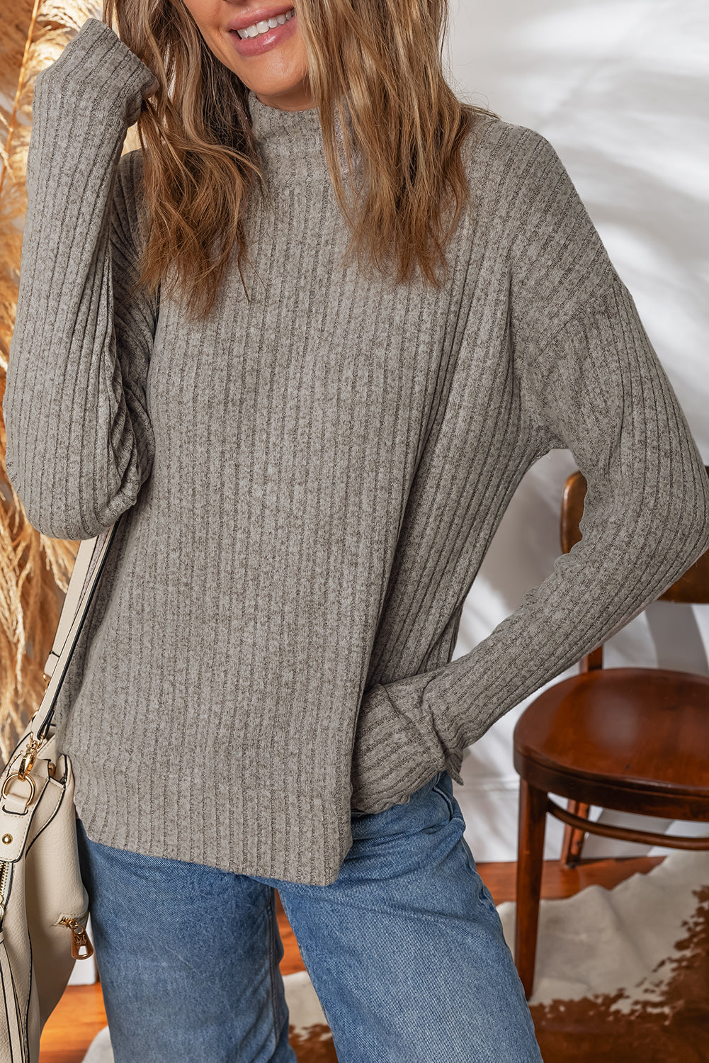 Ribbed High Neck Knitted Pullover Top