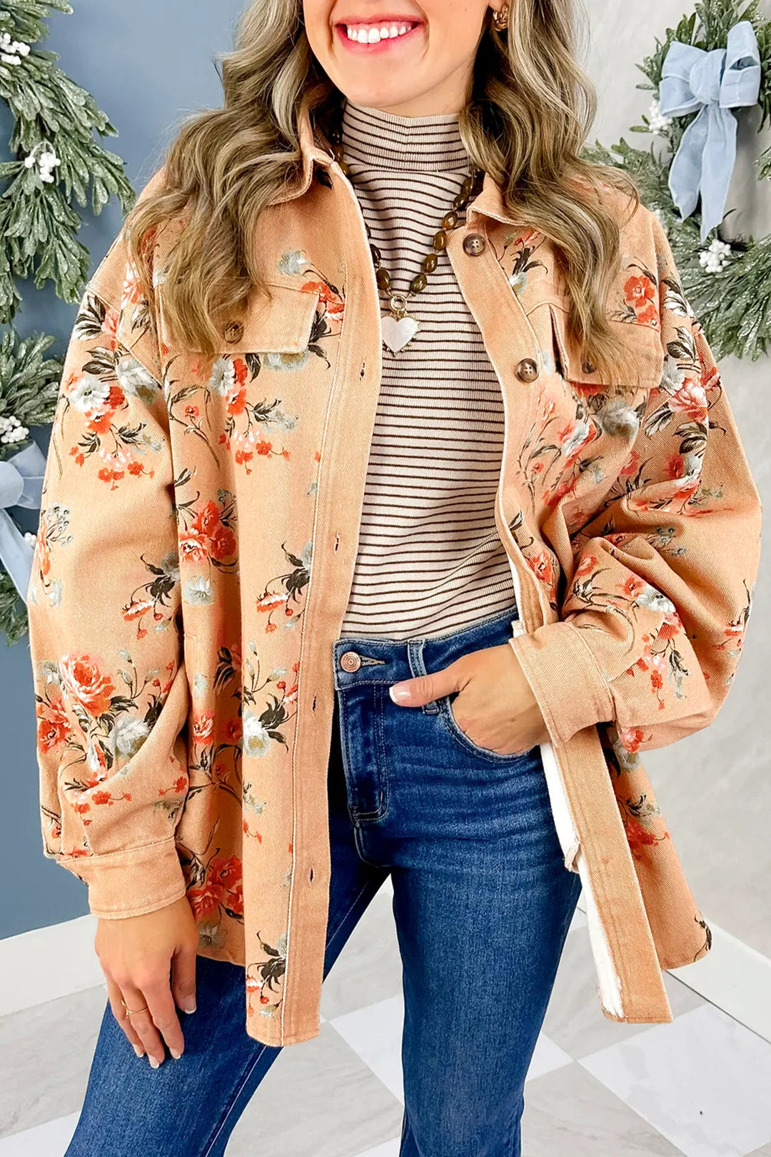 Khaki Floral Print Denim Jacket Shift Silhouette Tunic Length Casual Daily Wear