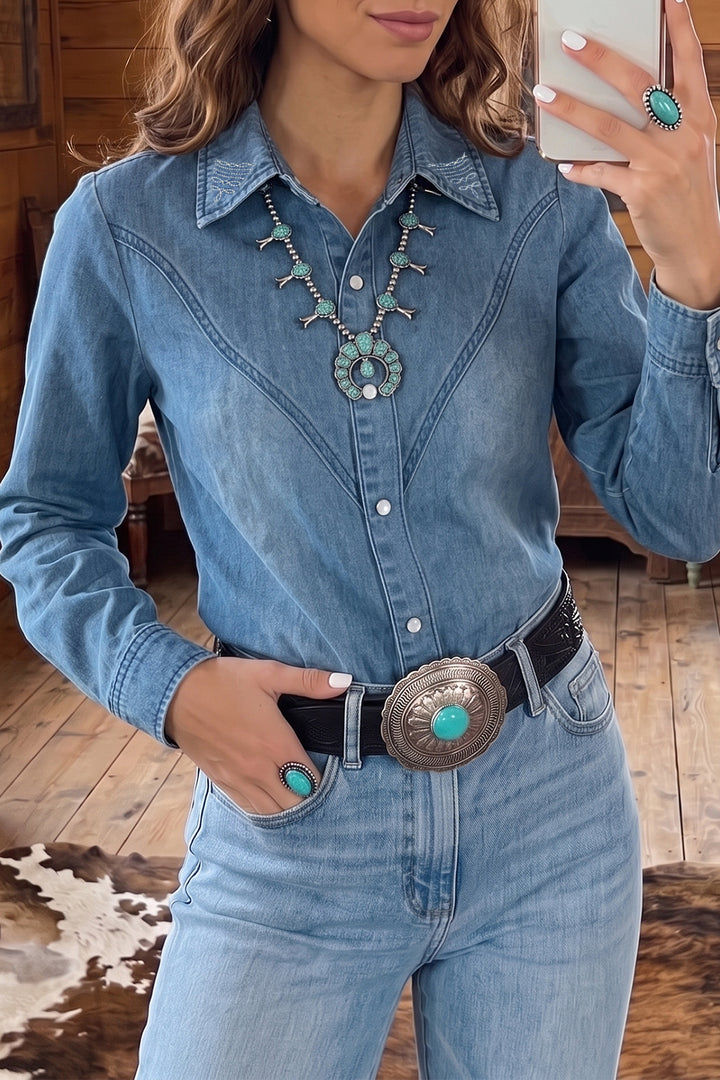 Myosotis Embroidered Western Detail Long Sleeve Collar Denim Shirt