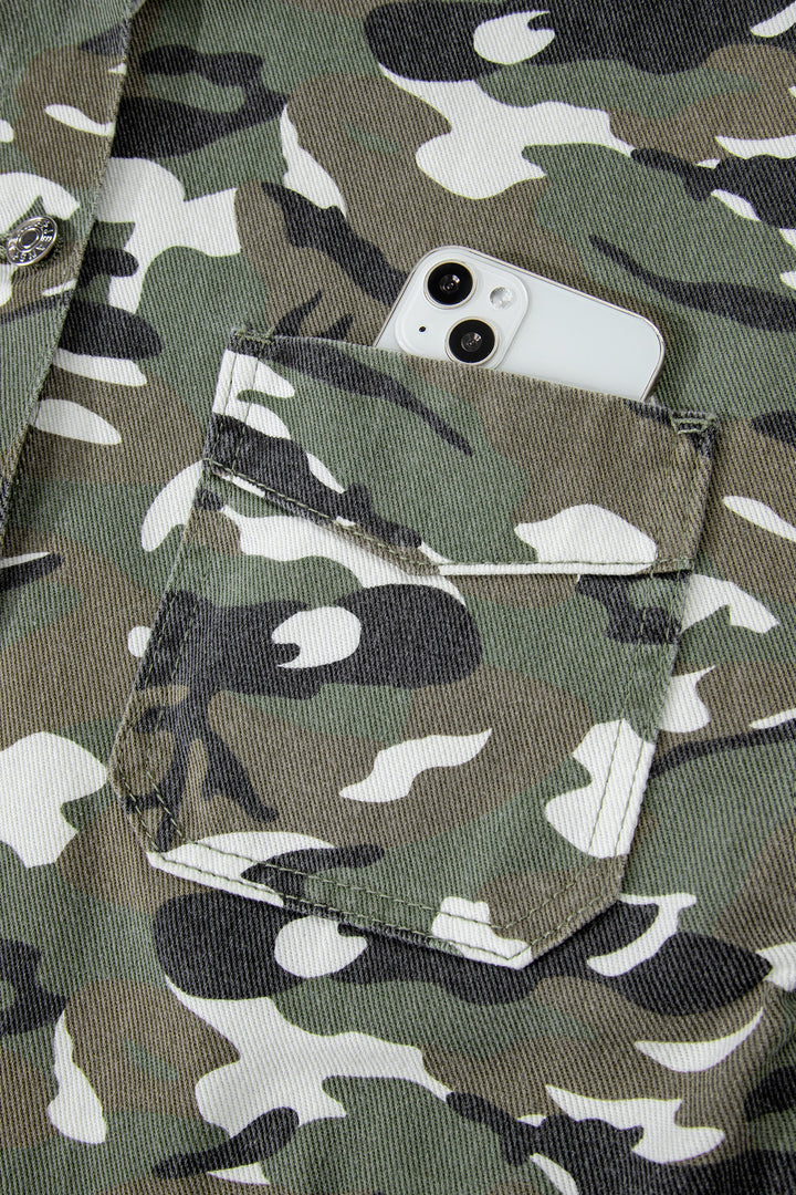 Green Camo Chest Pockets Loose Jean Jacket