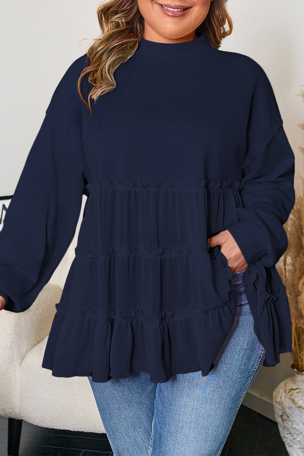 Navy Blue Tiered Ruffle Ribbed Crew Neck Pullover Plus Size Top