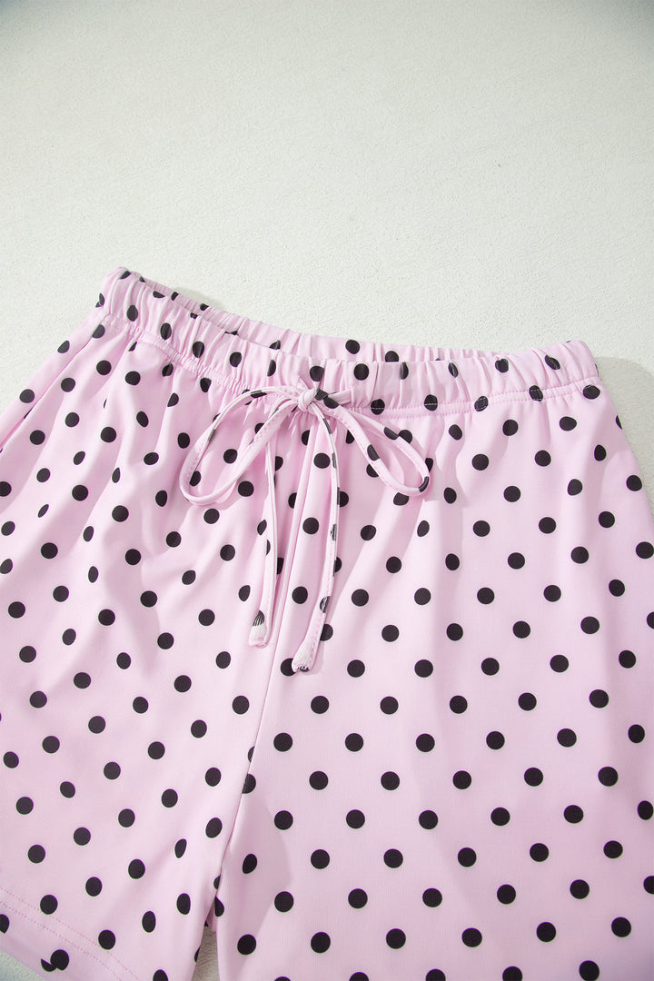 Pink Polka Dot Halter Tank Drawstring Elastic Waist Short Set