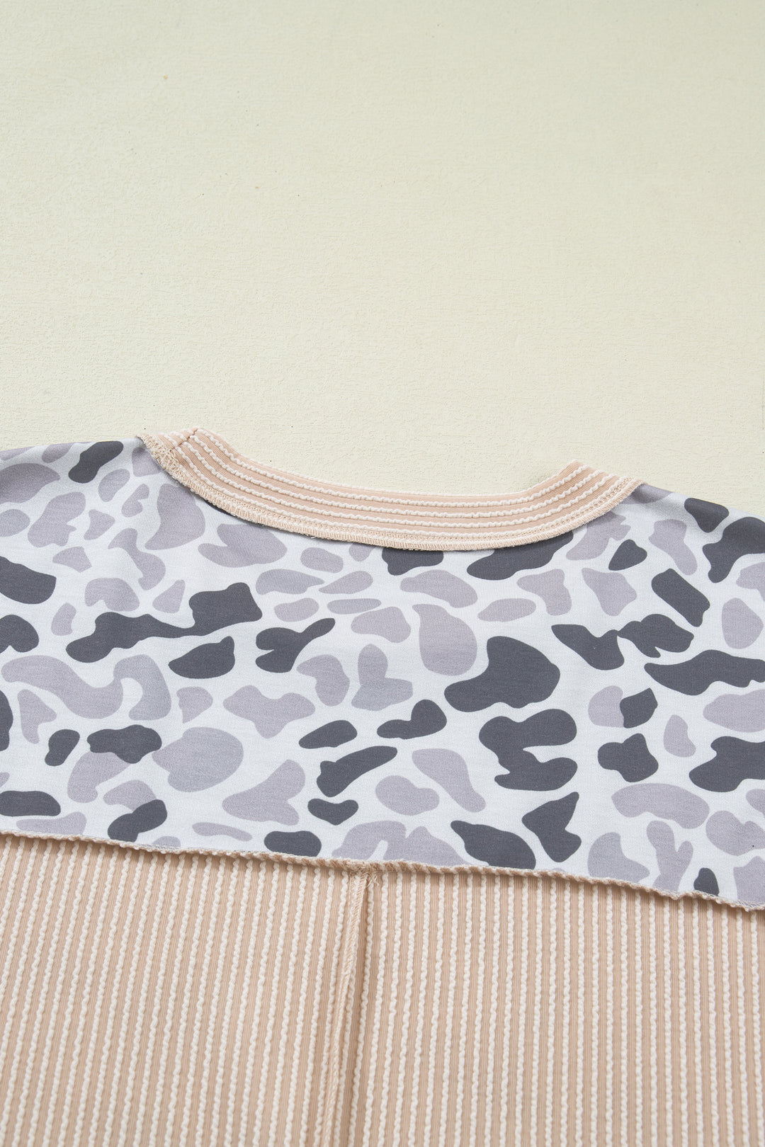 Gray Camouflage Print Twisted Ribbed Patchwork Casual T Shirt