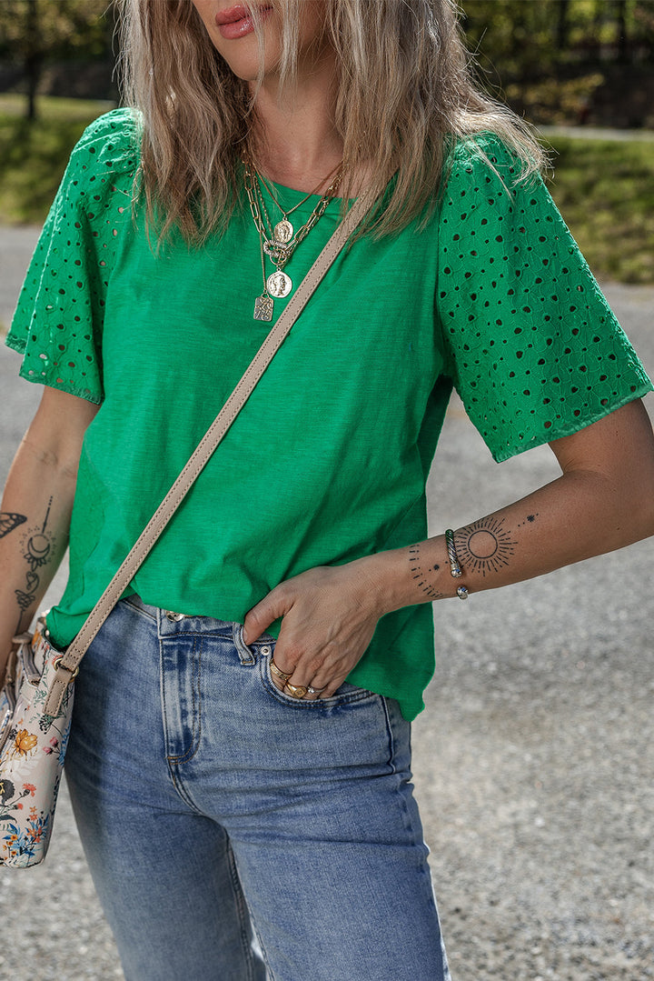 Eyelet Embroidered Patchwork Shift Top