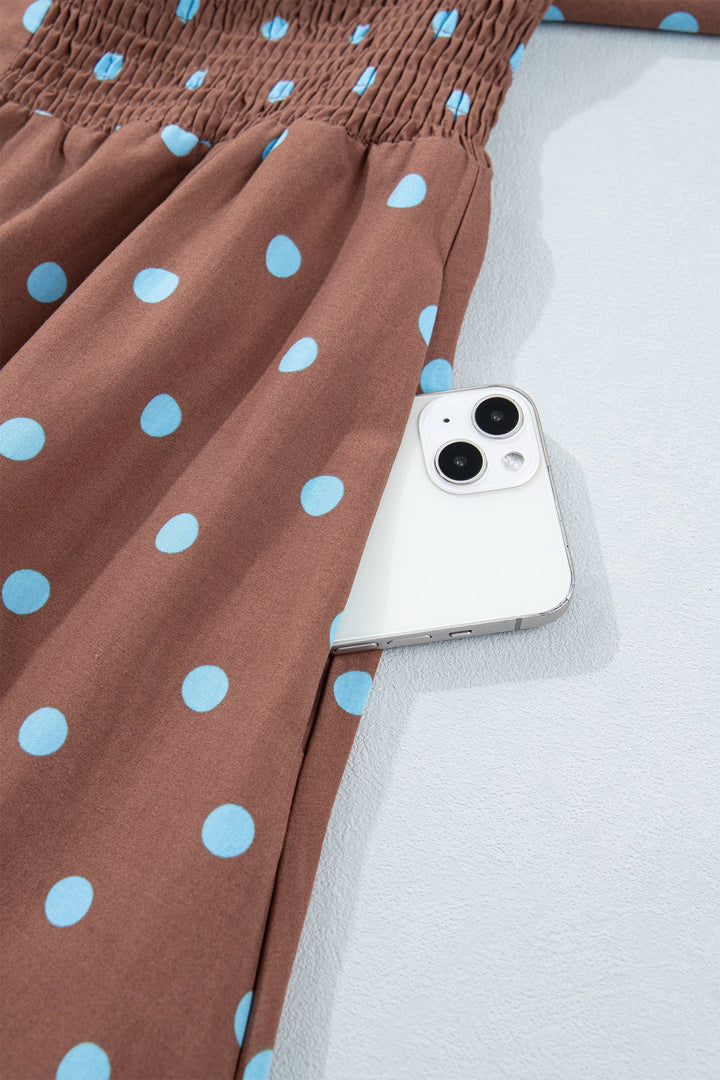 Brown Polka Dot Print Contrast Trim V Neck Zip Up Sleeveless Dress