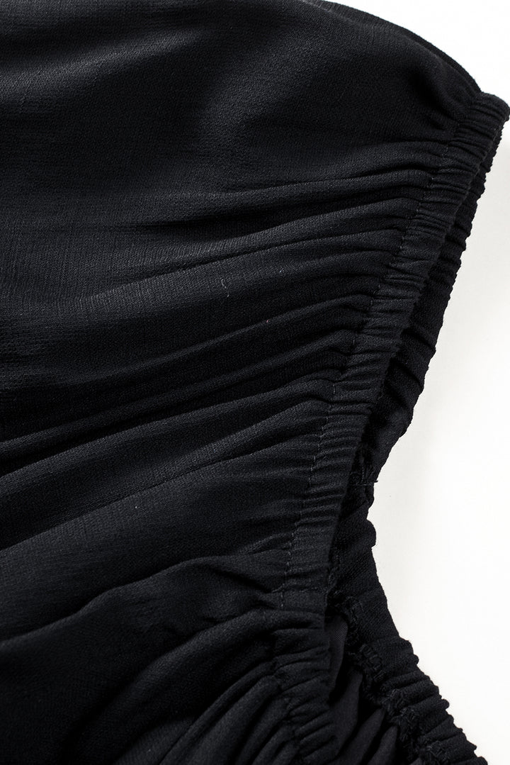 Black Solid Color Long Sleeve Shirred Drawstring Ruffle Mini Dress
