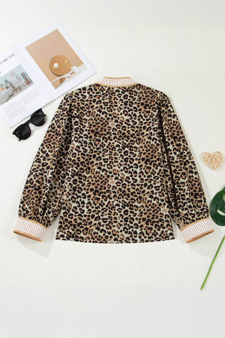 Contrast Striped Trim V Neck Leopard Shirt