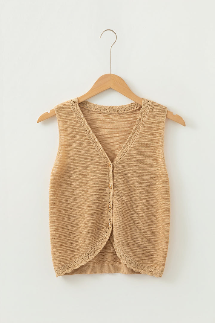 Hollow out Trim Buttoned Front Boho Sweater Vest