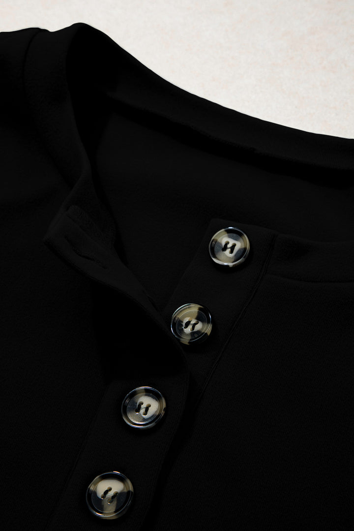 Black Solid Button Placket Crew Neck Plus Size Sweatshirt