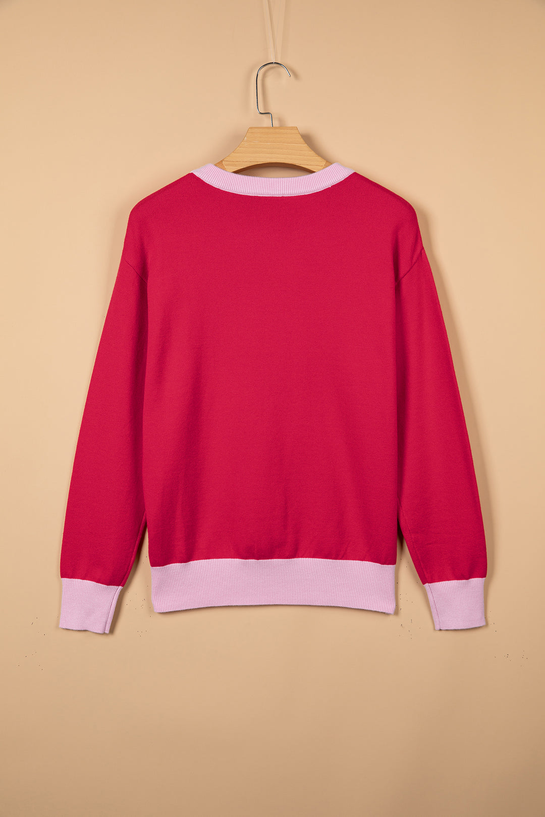Red Round Neck Letter Print Colorblock Sweater