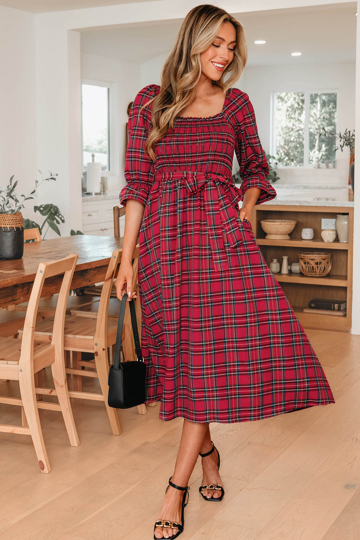 Tartan Plaid Square Neck Puff Sleeve Knot Waist Flared Midi Dress