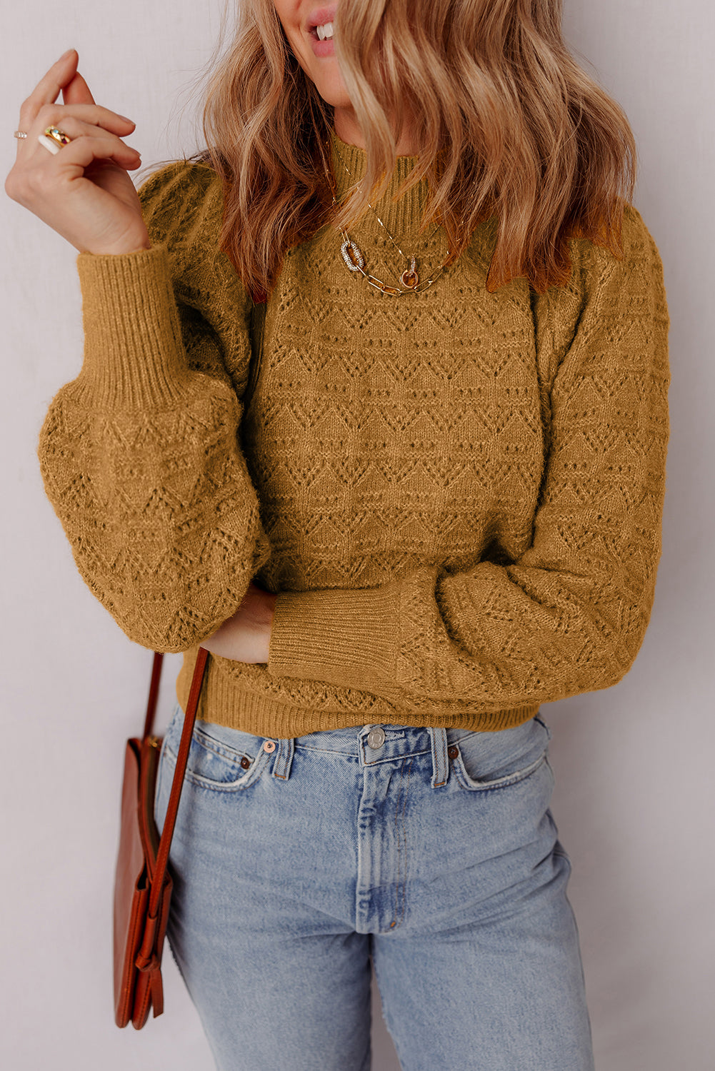 Hollow Out Crochet Ribbed Edge Balloon Sleeve Sweater