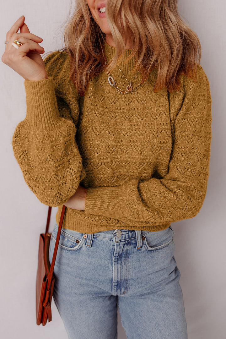 Hollow Out Crochet Ribbed Edge Balloon Sleeve Sweater