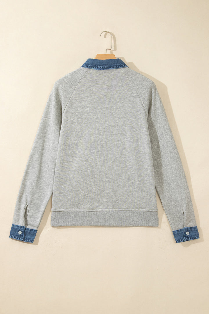 Sleet Denim Collar Patchwork Long Sleeve Pullover Top
