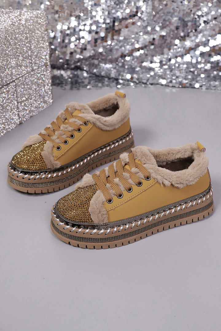 Rhinestone Embellished Faux Fur Lining Lace-Up Flat Shoes