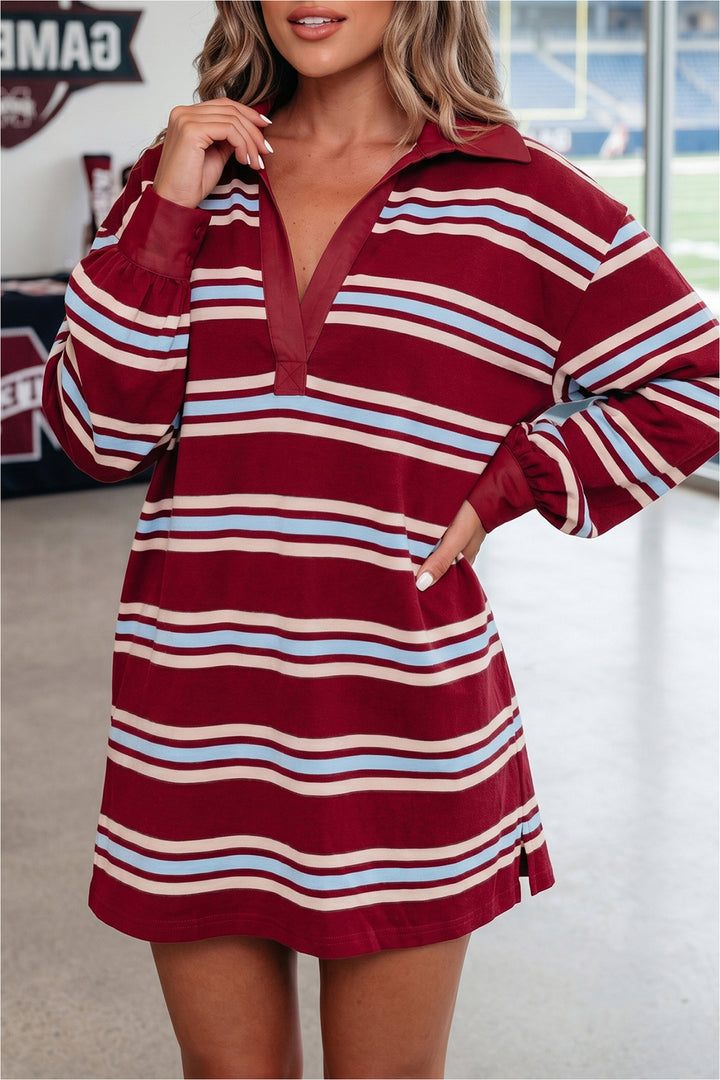 Casual Red Stripe Retro Polo Collar Long Sleeve T Shirt Shift Mini Dress