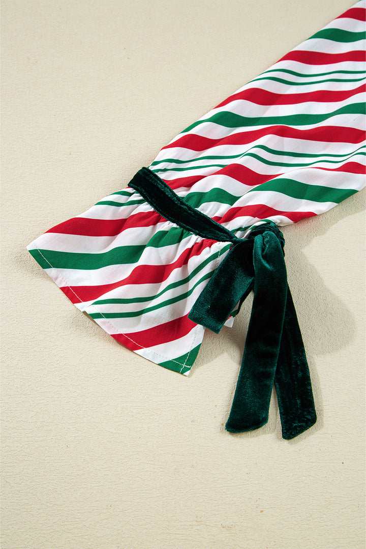 Green Stripe Contrast Velvet Ribbon Knot Christmas 2pcs Pajama Set
