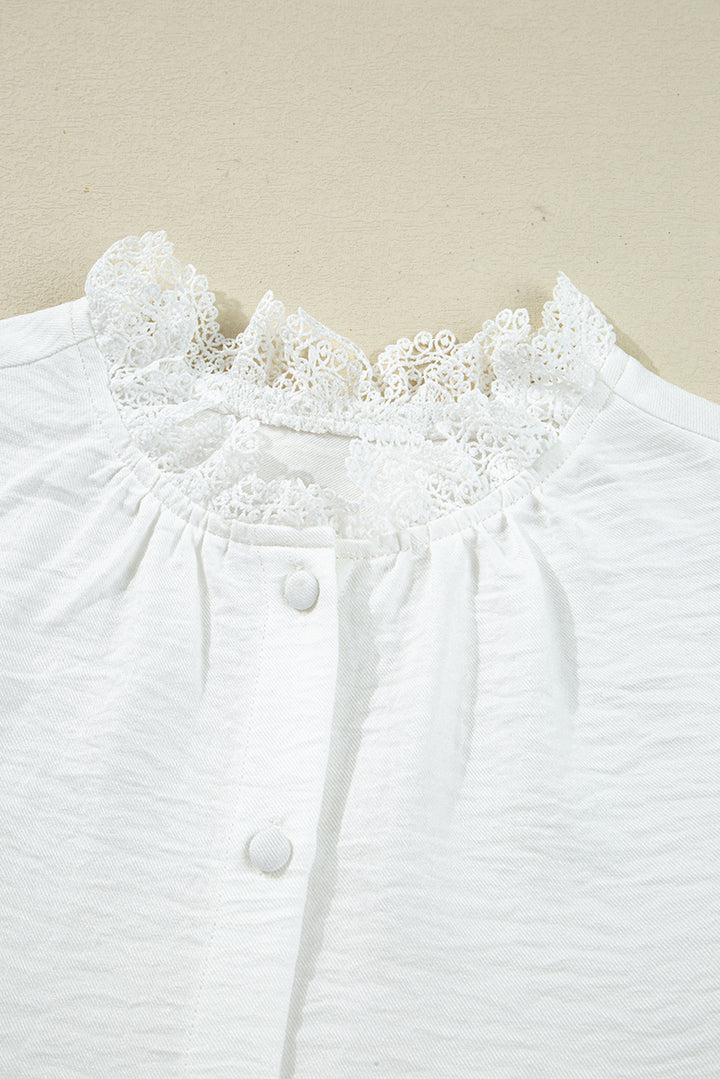 Lace Patchwork Buttoned Stand Neck Loose Shirt