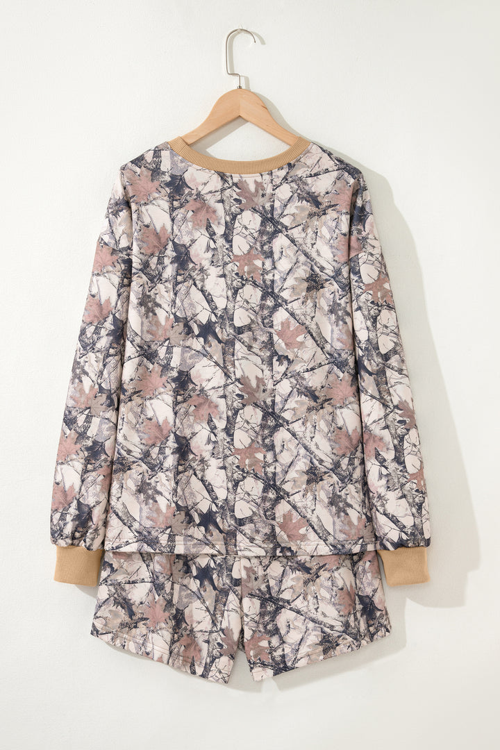 Khaki Woodland Camo Print Long Sleeve Top Casual Short Set