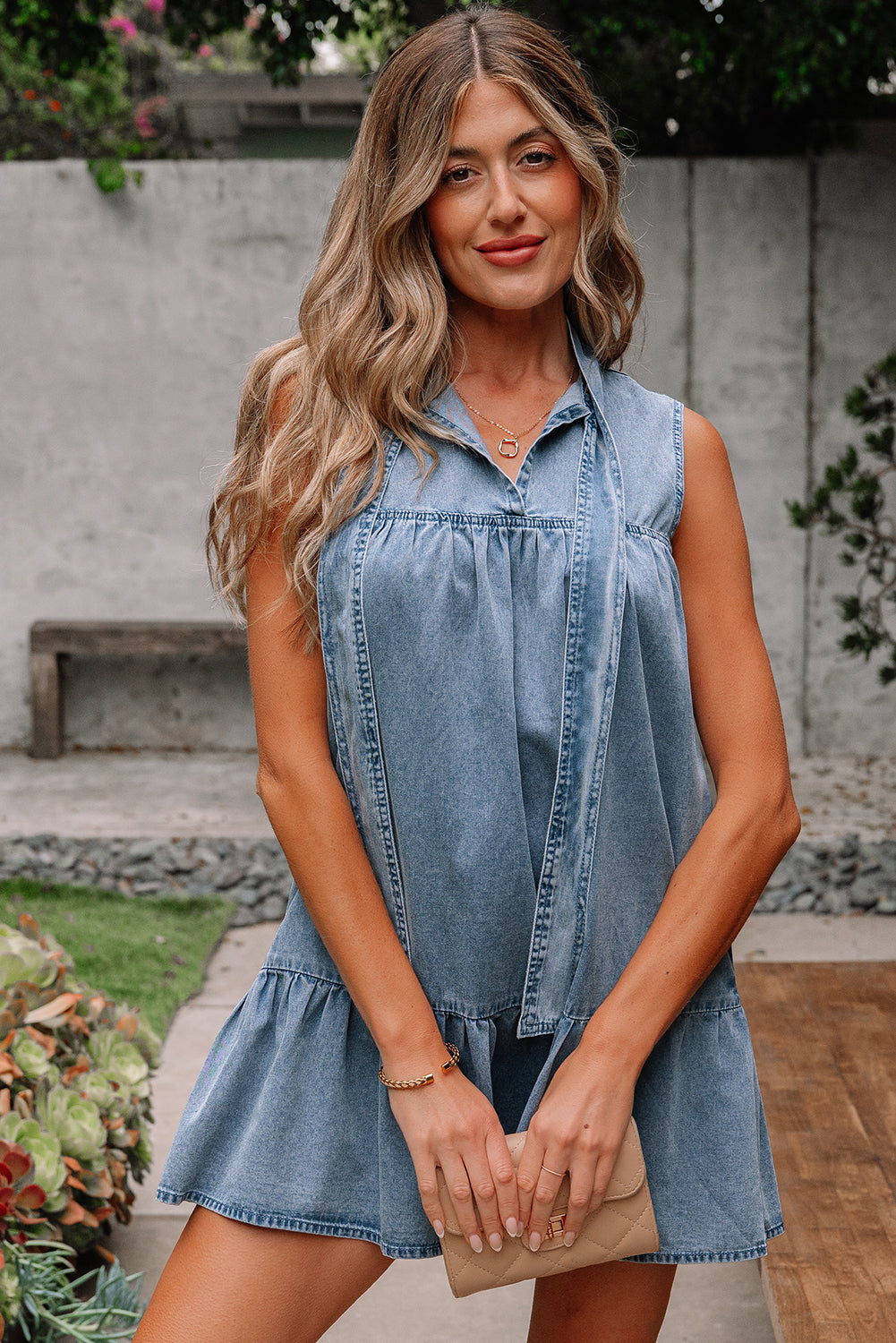Bowknot Neck Sleeveless Ruffled Chambray Dress